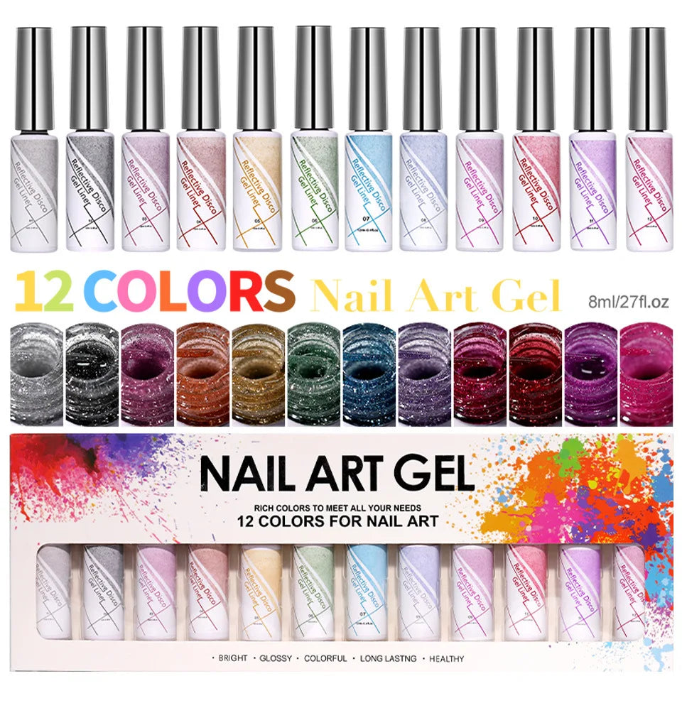 12 Colors/Set Gel Pull Liner Nail Polish Kit UV/LED Gel For DIY Hook Line Manicure Painting Gel Nail Art Supplies Brushed Design