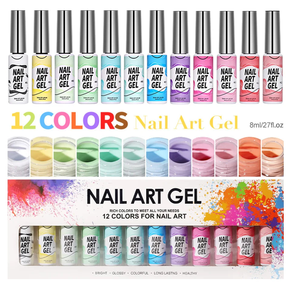 12 Colors/Set Gel Pull Liner Nail Polish Kit UV/LED Gel For DIY Hook Line Manicure Painting Gel Nail Art Supplies Brushed Design